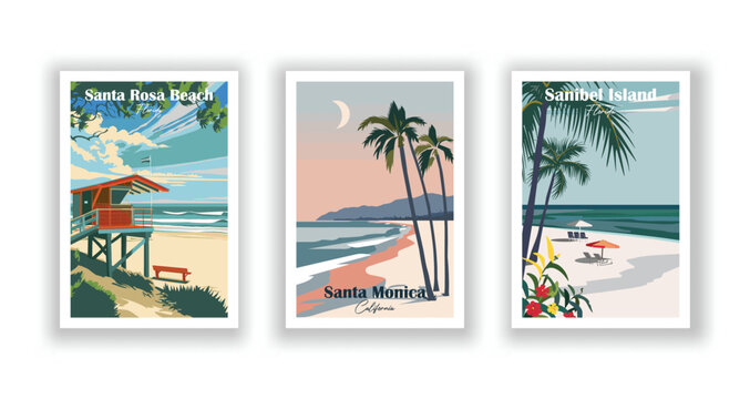 Sanibel Island, Florida. Santa Monica, California. Santa Rosa Beach, Florida - Set of 3 Vintage Travel Posters. Vector illustration. High Quality Prints