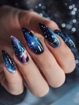 a high resolution image capturing the art of galaxy themed nail art each fingernail a canvas for stellar constellations and interstellar clouds glints of starlight reflecting off the glossy finish