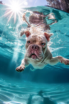 A photograph of an American Bully with lilac coat colour muscular and determined diving underwater in a clear blue pool chasing a floating credit card in front