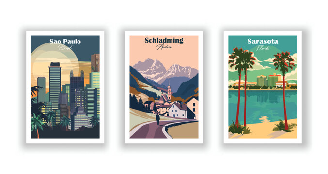 Sao Paulo, Brazil. Sarasota, Florida. Schladming, Austria - Set of 3 Vintage Travel Posters. Vector illustration. High Quality Prints