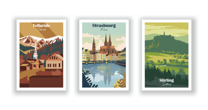 Stirling, Scotland. Strasbourg, France. Telluride, Colorado - Set of 3 Vintage Travel Posters. Vector illustration. High Quality Prints