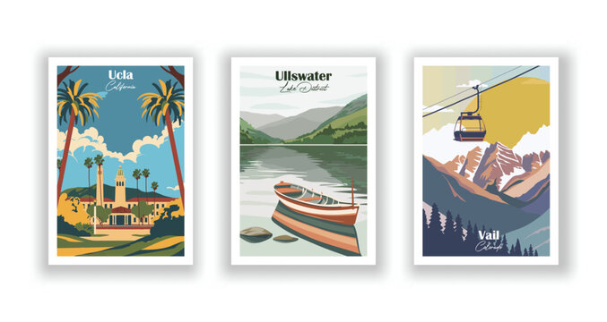 Ucla, California. Ullswater, Lake District. Vail, Colorado - Set of 3 Vintage Travel Posters. Vector illustration. High Quality Prints