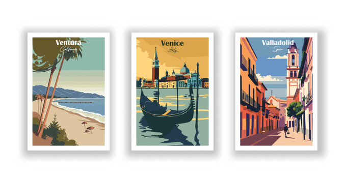 Valladolid, Spain. Venice, Italy. Ventura, California - Set of 3 Vintage Travel Posters. Vector illustration. High Quality Prints