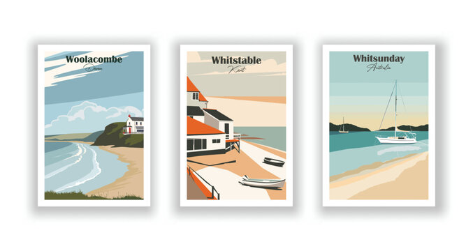 Whitstable, Kent. Whitsunday, Australia. Woolacombe, Devon - Vintage travel posters. Vector illustration. High Quality Prints