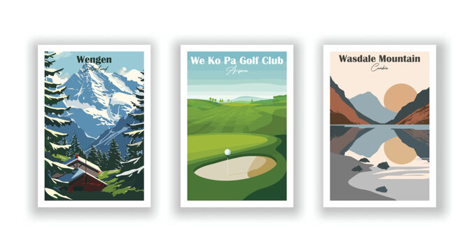 Wasdale Mountain, Cumbia. We Ko Pa Golf Club. Wengen, Switzerland - Set of 3 Vintage Travel Posters. Vector illustration. High Quality Prints