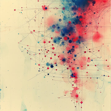 an artistic rendering of a conceptual network nodes and connections illustrated with fine lines and watercolor washes in red and blue tones abstract and thought provoking