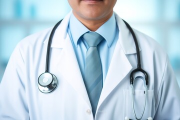 Portrait of a confident and caring male doctor in a white coat with a stethoscope around his neck standing in a hospital ward, showing expertise and compassion in patient care