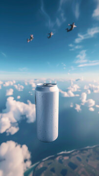 plain white matte soft drink can falling out of a plane clear front view of the can 2 sky divers behind blue skys beautiful ocean below hyper realistic amazing photography motion falling stunning