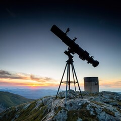Telescope at sunset in mountains sillhouette concept science astronomy