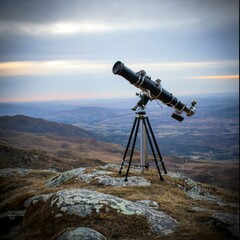 Telescope on mountain over sunset astronomy universe science concept