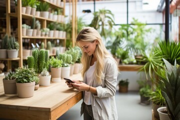 Thoughtful young woman exploring a variety of plants and flowers in a charming plant shop, engrossed in her phone as she seeks inspiration for her home gardening projects.