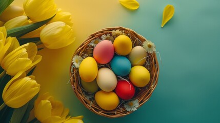 Fototapeta na wymiar Easter eggs in basket on colored table with yellow Tulips