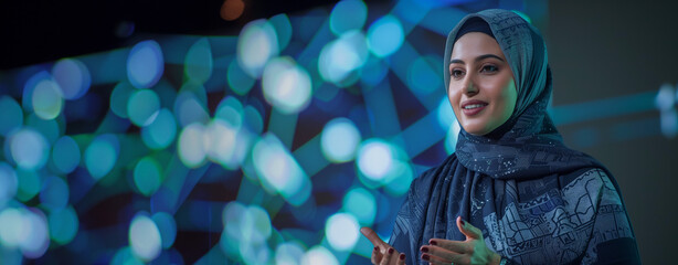 An elegantly dressed Middle Eastern woman in hijab gesturing with a bokeh light background, ideal for themes of cultural diversity, with copy space on the right