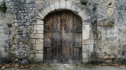 Fototapeta na wymiar Antique wooden arched door set in a stone wall with space for text, ideal for historical or architectural concepts