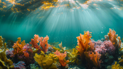 Fototapeta na wymiar Underwater seascape with sunbeams filtering through water, illuminating vibrant orange and yellow coral reef, perfect for backgrounds and marine biology concepts