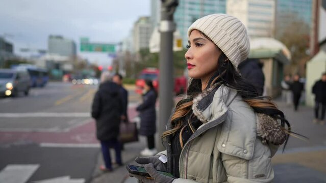 冬の寒い日に大韓民国ソウル市街を散歩する２０代の若いフィリピン人女性のスローモーション映像 Slow-motion video of a young Filipino woman in her 20s walking in Seoul, South Korea on a cold winter day