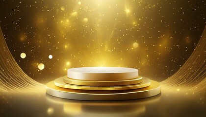 3d rendering with podium mockup like shimmering yellow and gold colors digital glow background with stars
