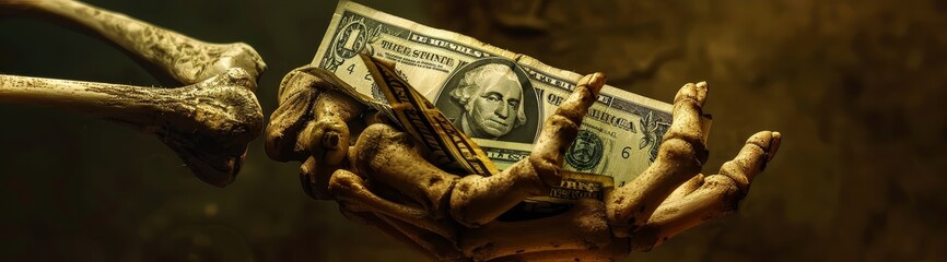 A skeletal hand holding a banknote, symbolizing the eternal chase for wealth and its mortality - obrazy, fototapety, plakaty