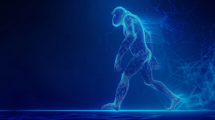 Evolutionary journey from monkey to man, captured in spirit with a blue futuristic glow - obrazy, fototapety, plakaty
