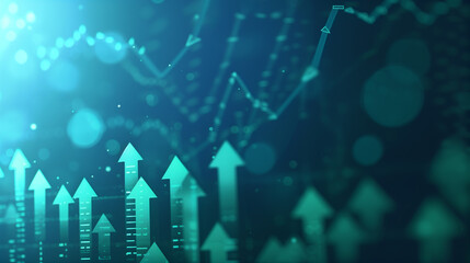 Abstract financial growth concept with upward arrows and digital data points on a dark blue background, suitable for corporate backgrounds with copy space