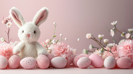 Naklejka na ściany i meble festive background Cute white stuffed bunny surrounded by flowers and easter eggs on peach color solid background , copy space