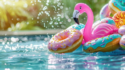 Vibrant inflatable pool toys, including a pink flamingo and doughnut rings, floating in a sparkling pool on a sunny day, with copy space on the left, ideal for summer-themed designs