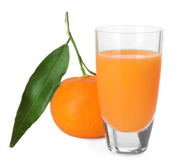 Tasty tangerine liqueur in shot glass and fresh fruit isolated on white