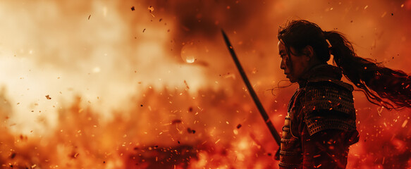 Silhouette of an East Asian warrior with a sword against a dynamic background of flickering flames and embers, depicting a dramatic battle scene with ample copy space on the right