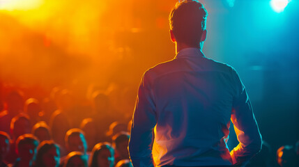 Rear view of a male speaker addressing audience at a vibrant seminar or conference, with spacious background for text, representing business event or motivational speech concept
