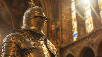Obraz premium Medieval knight armor suit against stained glass window in historical castle interior, suitable for history concepts or Renaissance fair themes with copy space