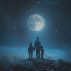 Obraz premium The harmony of family love between father, mother and child holding hands can be seen from behind against the backdrop of the moon, galaxy and outer space. concept for family day. Generative Ai