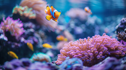 Naklejka na ściany i meble Vibrant clownfish swimming among colorful coral in a serene underwater scene, ideal as a tranquil background or for aquarium-related themes