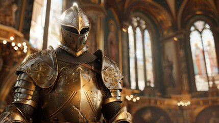 Medieval knight in elaborate armor, standing in ornate church interior, ideal for Renaissance fairs or historical concepts, with space for text on the right - obrazy, fototapety, plakaty