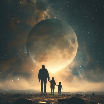 The Harmony Of Family Love Between Father, Mother And Child Holding Hands Can Be Seen From Behind Against The Backdrop Of The Moon, Galaxy And Outer Space. Concept For Family Day. Generative Ai