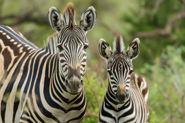 Adult and juvenile zebras standing together in a natural green habitat, showcasing their distinctive black and white striped patterns, perfect for wildlife and conservation themes