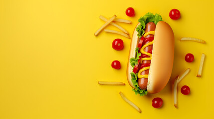 Classic hotdog with ketchup, mustard, lettuce, and tomatoes surrounded by crispy fries on a vibrant yellow background with copy space, ideal for fast food advertising or menu design - obrazy, fototapety, plakaty