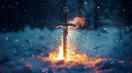 Enchanted sword embedded in snow with sparkling magical fire, concept for fantasy or epic tales, suitable for backgrounds with space for text on the dark, mystic backdrop