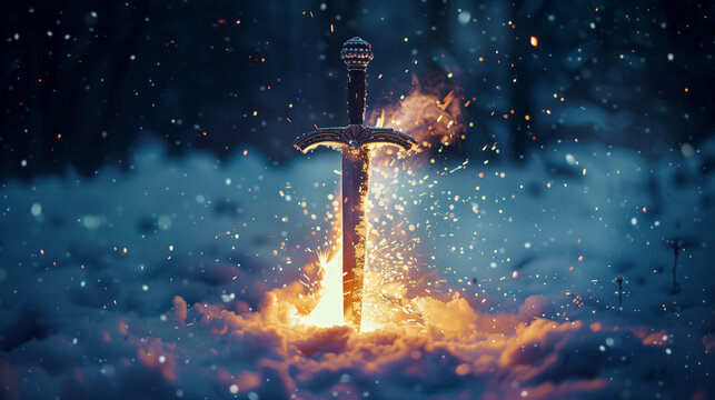 Enchanted sword embedded in snow with sparkling magical fire, concept for fantasy or epic tales, suitable for backgrounds with space for text on the dark, mystic backdrop