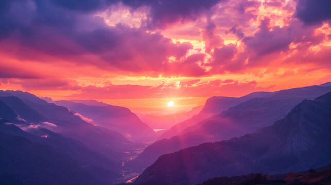 Breathtaking mountain sunset landscape with vibrant purple and orange skies, ideal for background with ample space for text