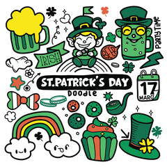 Hand Drawn of St. Patrick's Day doodle style colorful hand-drawn icon set with simple engraving effect, editable stroke width. Cute Irish holiday symbols and elements collection.