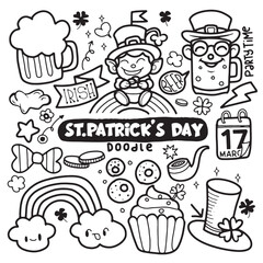 Hand Drawn of St. Patrick's day doodle set. Cooking elements. Beer mugs, clover, pot of gold, hat in sketch style.  Hand drawn vector illustration isolated on white background.