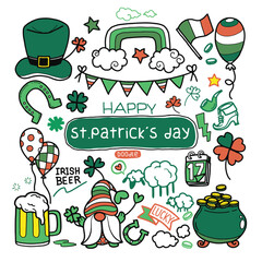 Hand drawn of St. Patrick's Day doodle style colorful hand-drawn icon set with simple engraving effect, editable stroke width. Cute Irish holiday symbols and elements collection