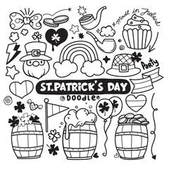 St. Patrick's day doodle set. Cooking elements. Beer mugs, clover, pot of gold, hat in sketch style.  Hand drawn vector illustration isolated on white background.