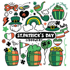 Hand drawn of St. Patrick's Day doodle style colorful hand-drawn icon set with simple engraving effect, editable stroke width. Cute Irish holiday symbols and elements collection