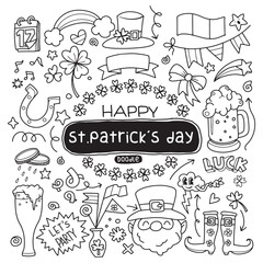 Hand Drawn of St. Patrick's day doodle set. Cooking elements. Beer mugs, clover, pot of gold, hat in sketch style.  Hand drawn vector illustration isolated on white background