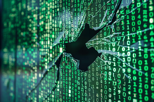 Abstract digital background with a concept of data breach, cybersecurity, or hacking, featuring green binary code and a silhouette of a head, ideal for technology-related designs with copy space
