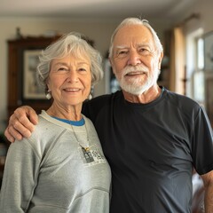 Portrait of Happy Elderly Couple Smiling Together in a Comfortable Home Environment, Embodying Graceful Aging and Life Contentment