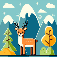 vector illustration of a deer with a forest and snow mountain background in a cartoon, minimalist and flat style