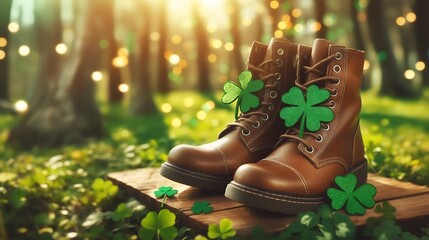 boots St. Patrick's Day with clover on park background and bokeh - obrazy, fototapety, plakaty