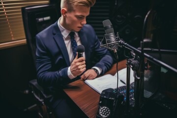 man with microphone on the radio studio